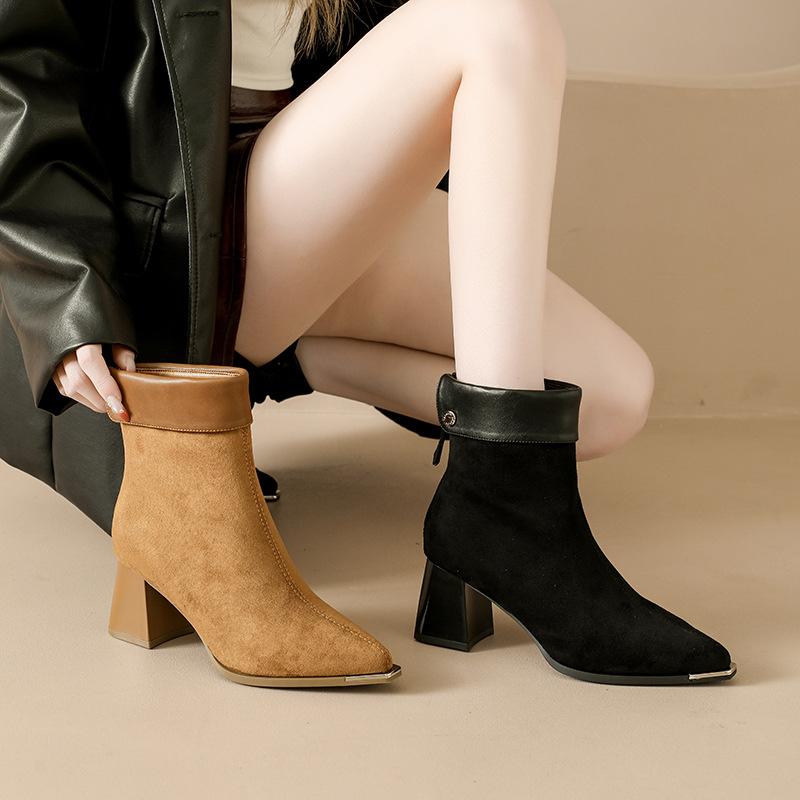 High-heeled Martin boots women's 2025 new autumn and winter British style metal pointed thin boots thick heel huge good-looking short boots