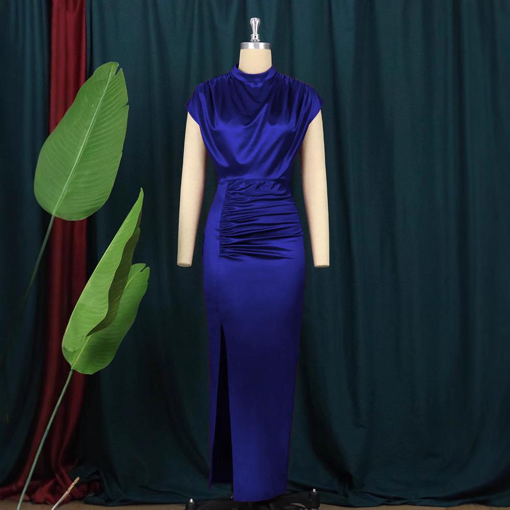 AM211217 High Waist Red Midi Evening Dress - Solid Color, Elegant Style