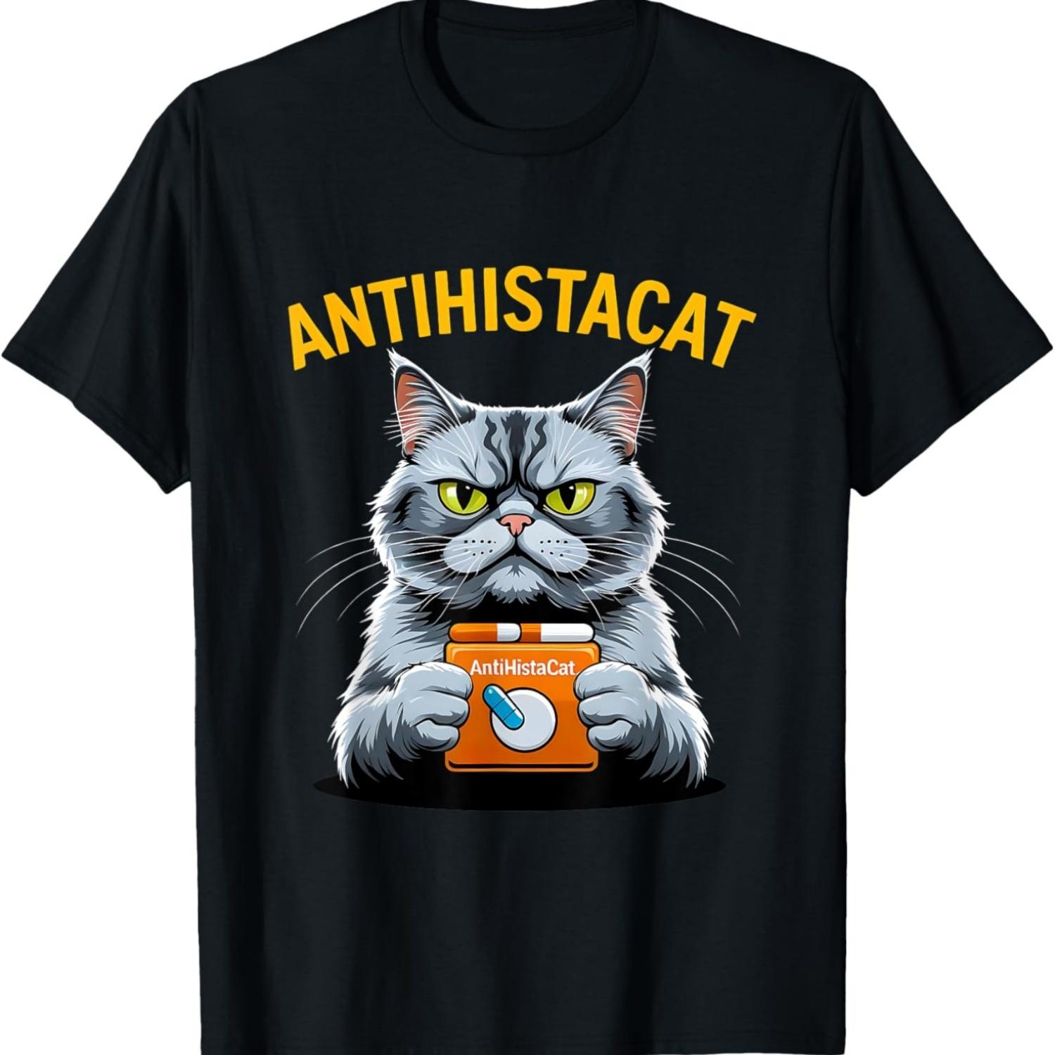 Adult Humor Antihistacat Allergy Tee Funny Weird Cat Meme T-Shirt S чёрный