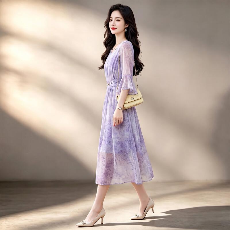 Ke Bei Er Elegant Floral Flared Sleeve A-Line Dress L