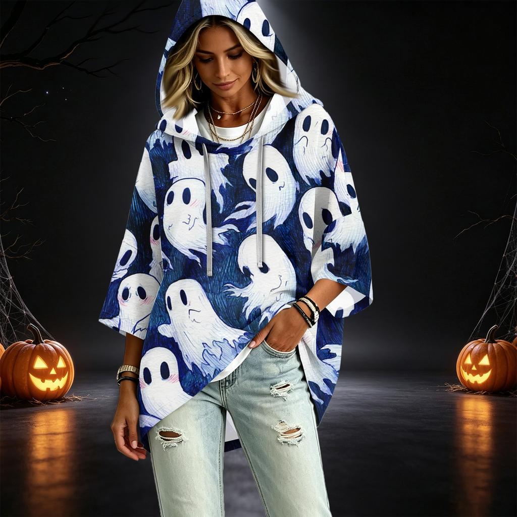 Women's Fashionable Three-Quarter-Sleeve Halloween-Printed Hooded Pullover