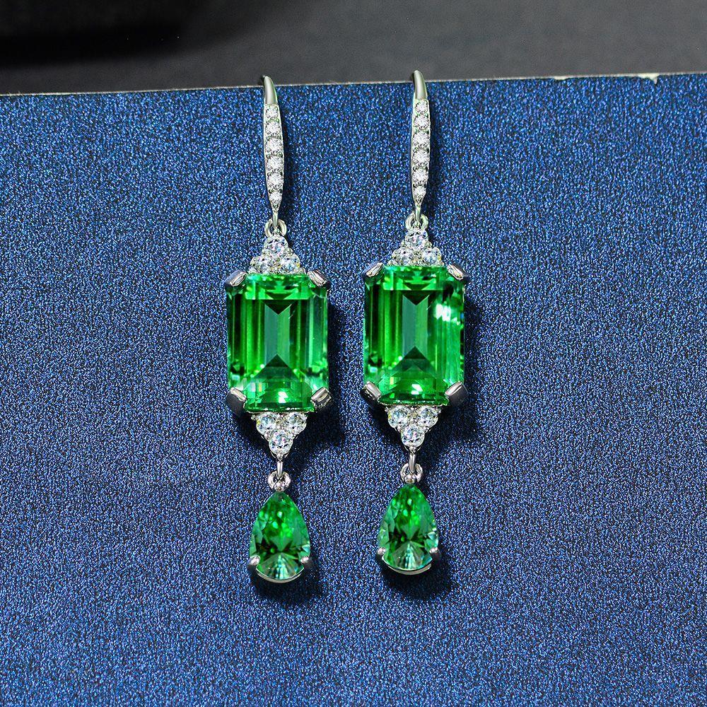 Tancise Jewelry Synthetic Grandmother Green High Carbon Diamond 925 Earrings 10 * 14 Geometric Retro Light Luxury Earrings Silver
