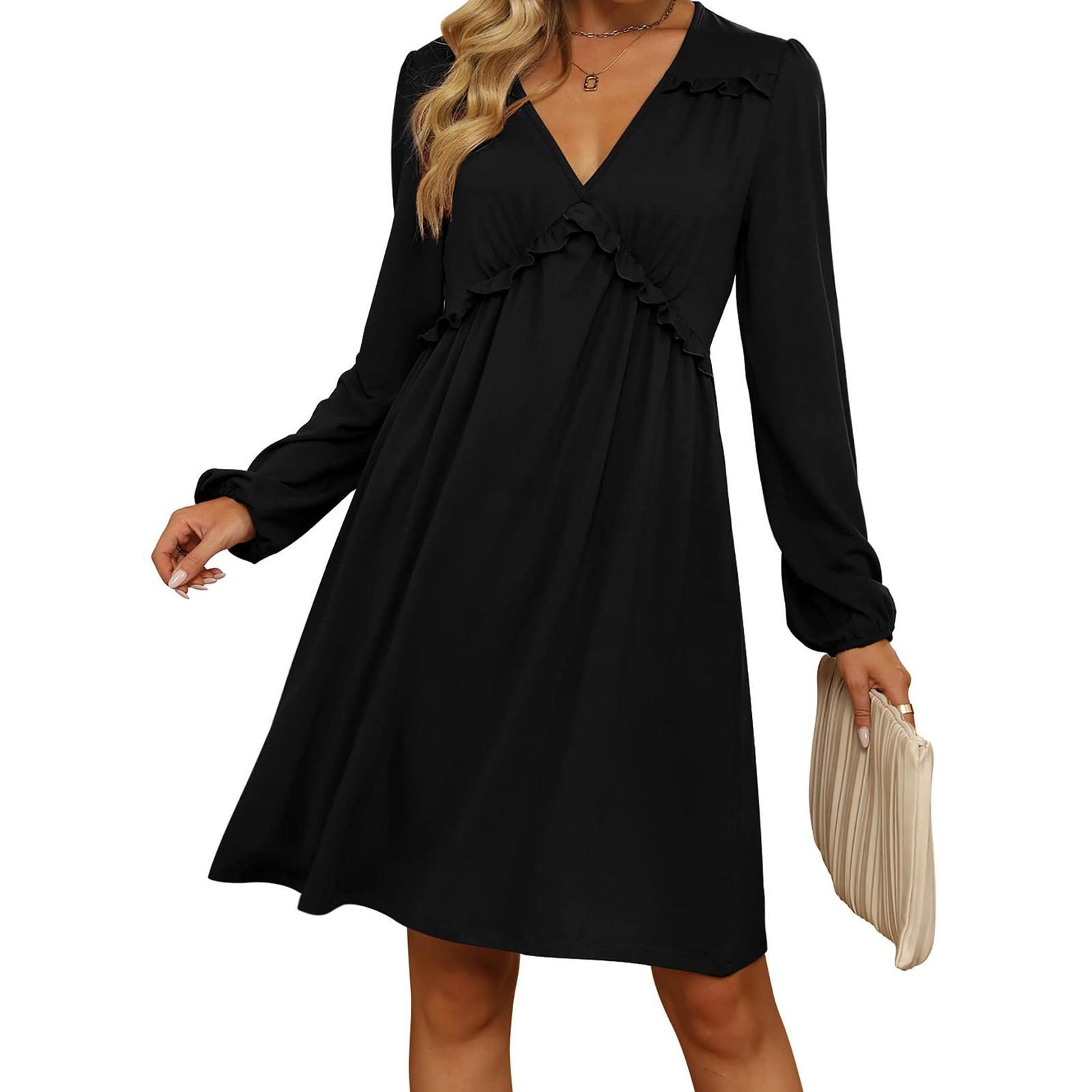 

Женские платья на шнуровке с V-образным вырезом и длинными рукавами с рюшами и эластичной талией Вечернее платье Повседневное платье XXL чёрный