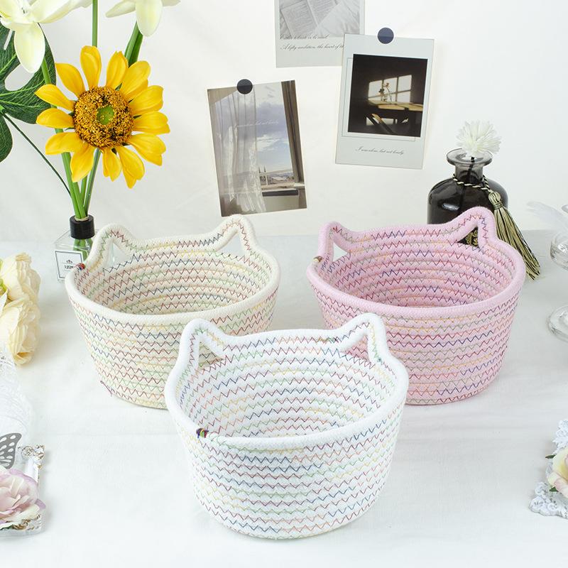 Cat Ears Desktop Storage Basket Handwoven Cartoon Storage Basket Living Room Key Cotton Rope Storage Basket Storage Basket