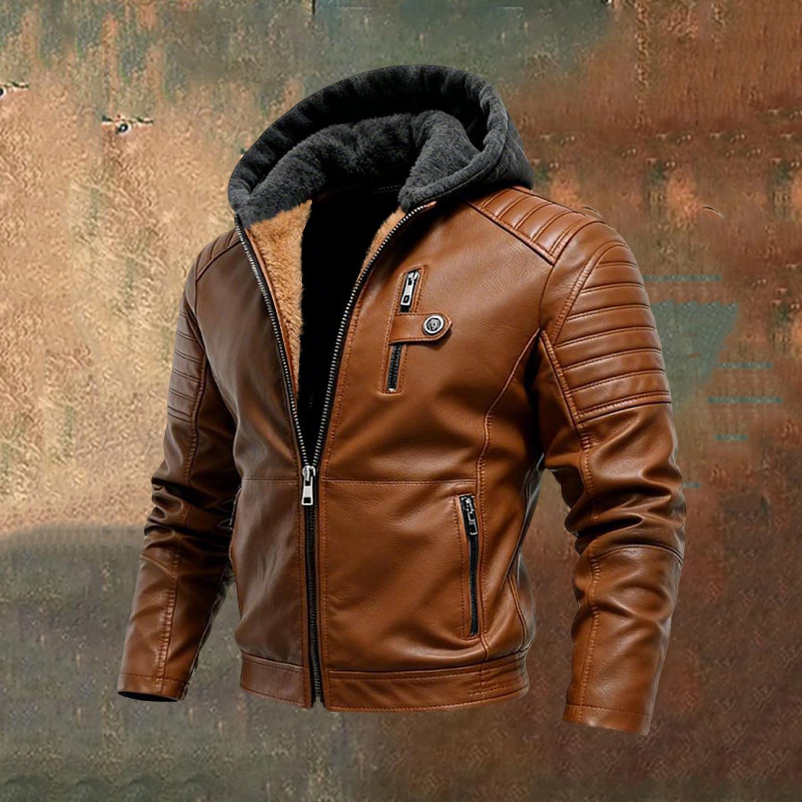 

Men s Casual Fashion Solid Color Leather Jacket With Zipper Hood XXXL