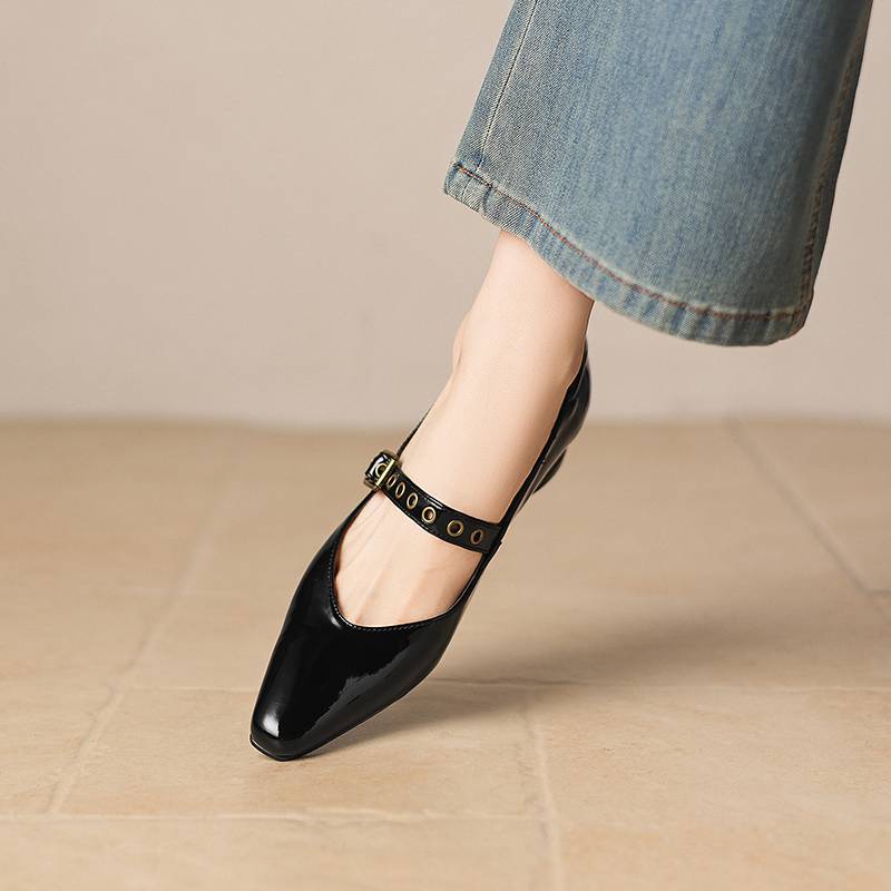 Krazing Pot Genuine Leather Square Toe Low Heels Summer Shoes Big Size 42 Buckle Straps Women Shallow Pumps