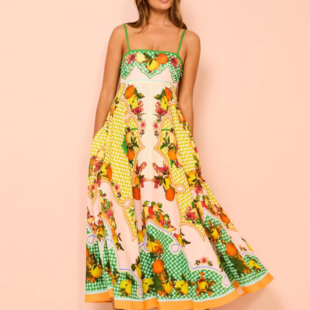 Women's Summer Casual Boho Long Sundress Strap Square Neck Sleeveless Maxi Dresses Flower Printed A Line Beach Dress for Women