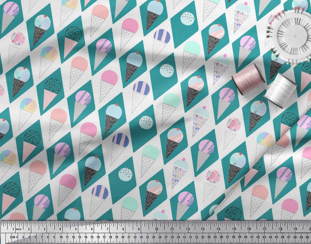 Soimoi Blue Japan Crepe Satin Fabric Diamond & Ice Cream Cone Food Print Fabric by the Metre 42 Inch