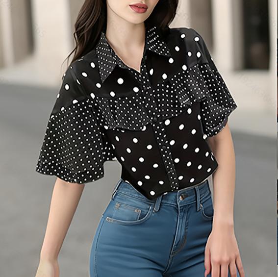 Women Clothing Summer Ruffle Short Sleeve Fashion Elegant Polka Dot Chiffon Blouse