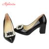 Aphixta 7cm 5cm Square Heels Patent Leather Pearl Buckle Shoes Woman Classics Pointed Toe Dress Official Pumps Party Big Size 48
