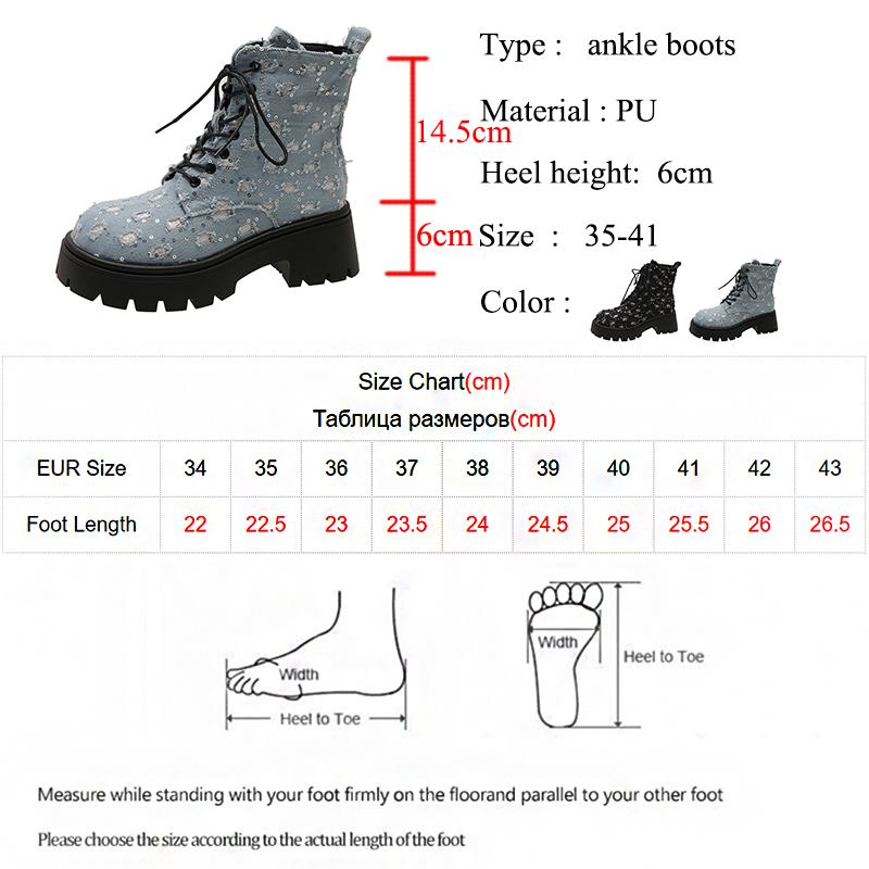 Punk Sequins Chunky Platform Ankle Boots for Women 2024 Y2K Patchwork Thick Bottom Denim Boots Woman Black Gothic Booties Mujer