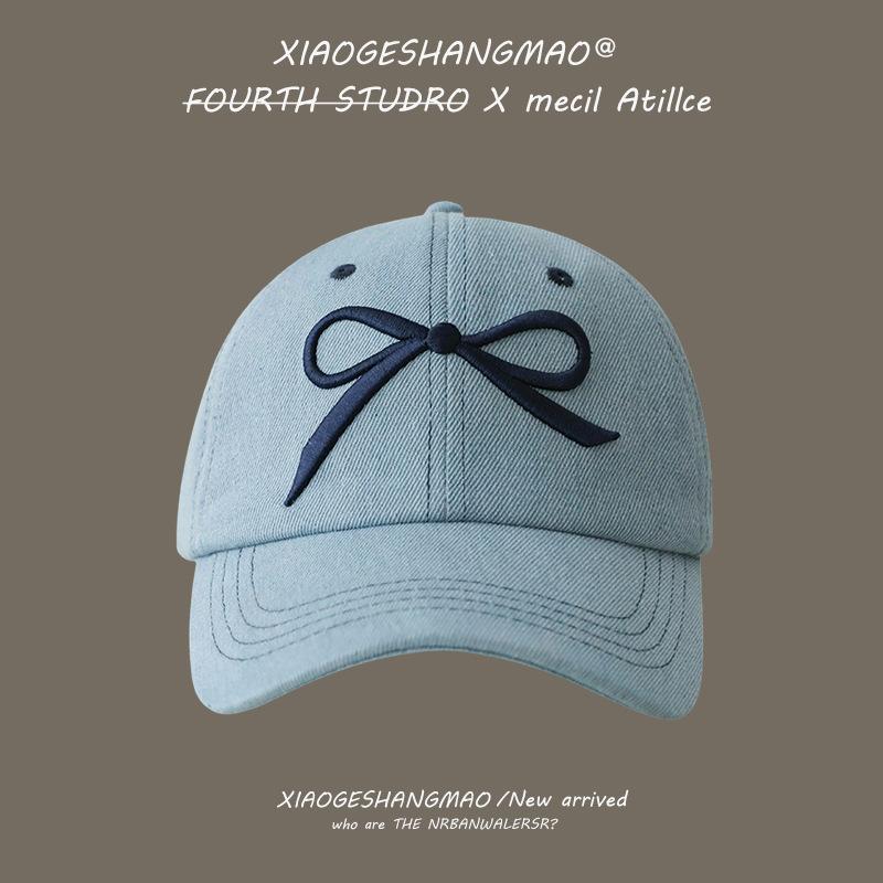 Bow embroidered denim baseball cap girlish feeling cute cap wide brim show face small fashion versatile