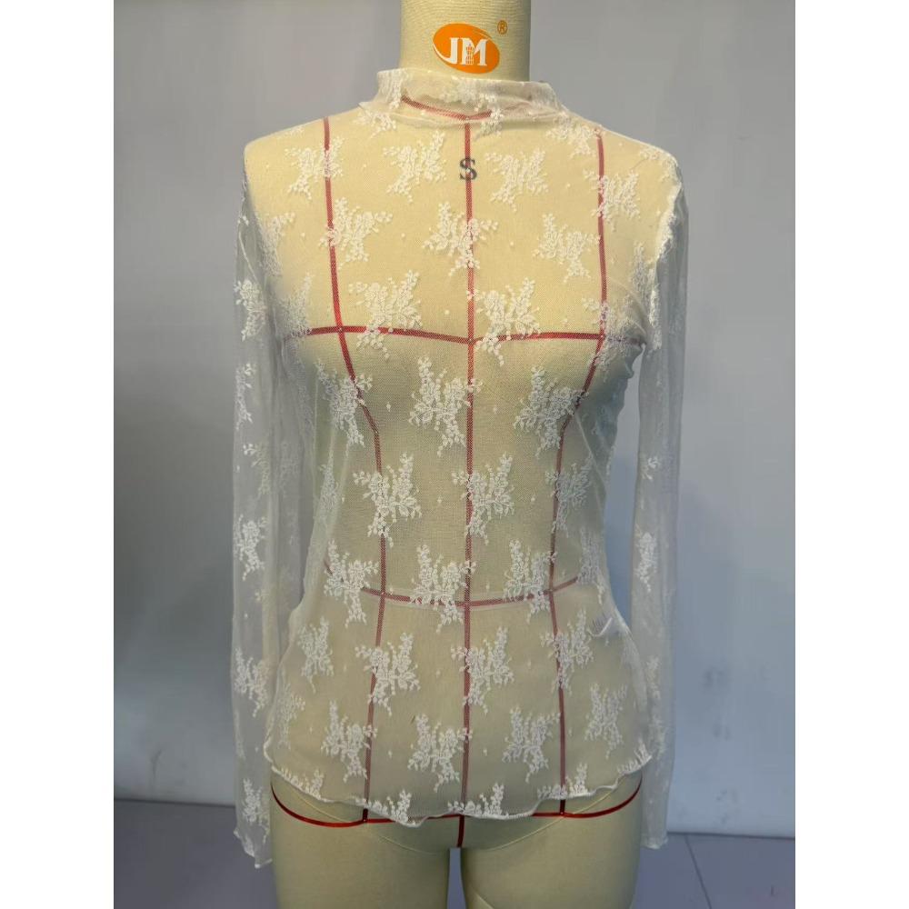 Women's Sexy Mesh Top Semi High Neck See Through Long Sleeved T-shirts