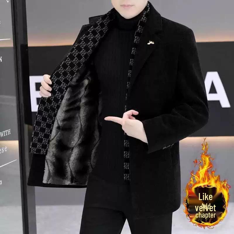 Men s Winter Woolen Coat - Warm Plus Velvet Thickened Jacket with Golden Sable Velvet Windbreaker M чёрный