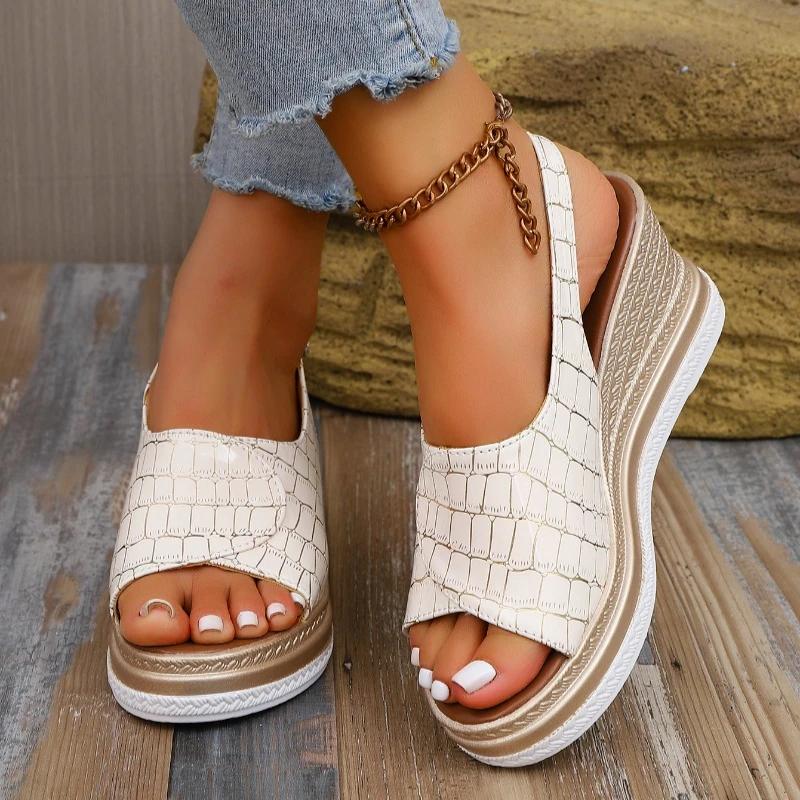 Sandały damskie na koturnie, klamra jednorzędowa, obcas 7,5 cm, wysokie buty damskie, rekreacyjne, duże rozmiary, zwięzłe, dojrzałe, 2025 Sandalias De Mujer