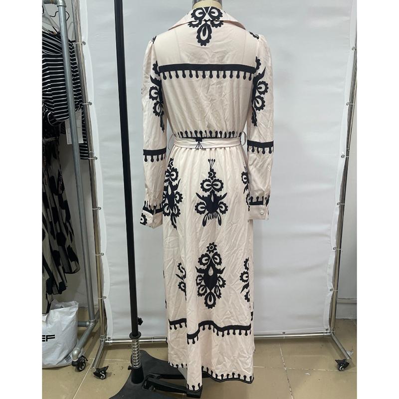 Mote Vintage Langermet Løse Hverdagskjoler Dame Knapper Revers A-linje Trykket Skjortekjole Dame Høy midje Snøring Lang Kjole Vår Ny 25892