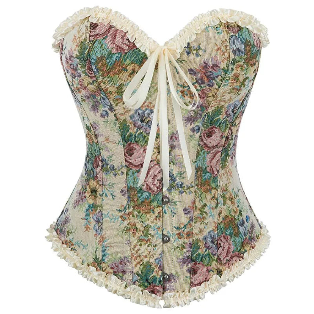 Floral Lace Trim Overbust Corset Women 1920S Retro Bustier With Boning And Front Busk Closure 525 Small Corsets & Bustiers