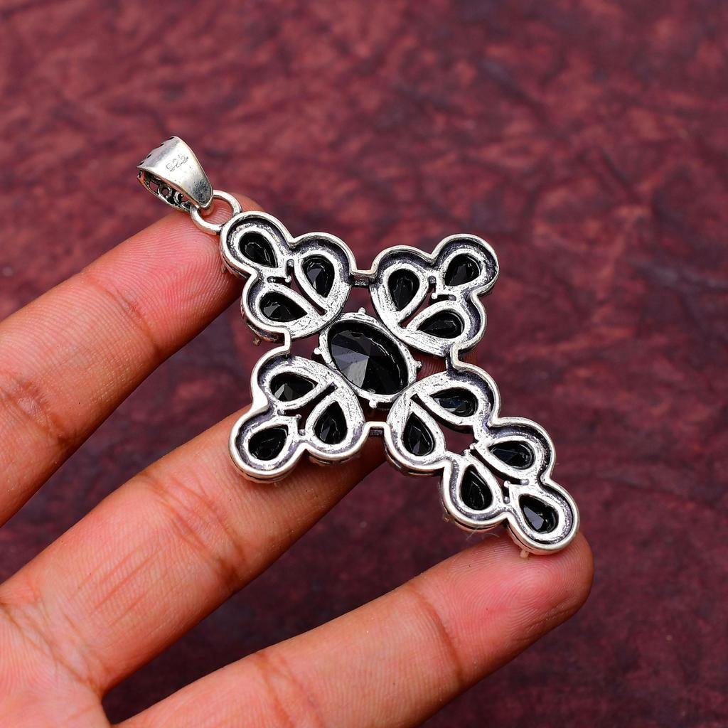 Black Onyx Gemstone 925 Sterling Silver Handmade Cross Pendant Jewelry
