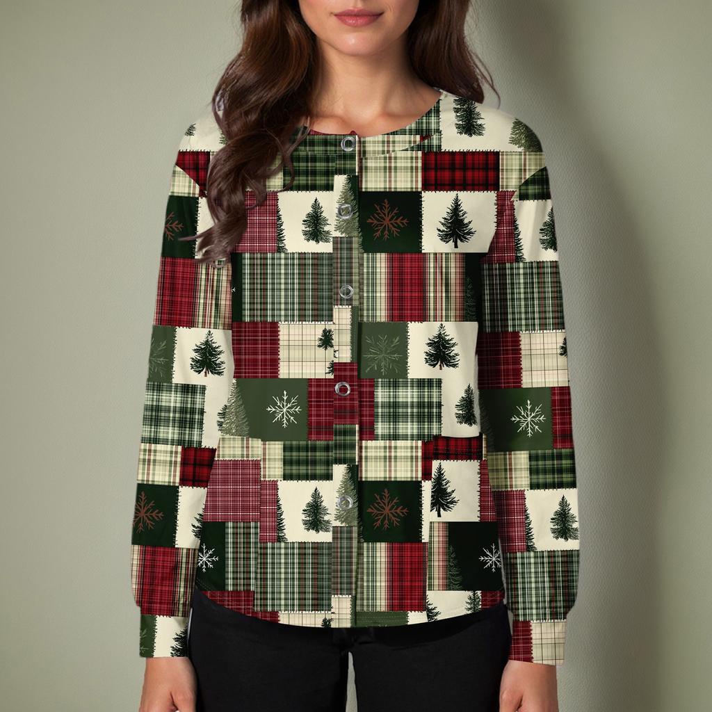 Women's Casual Long-sleeved Single-breasted Christmas Printed Protective Clothing Cardigan Top