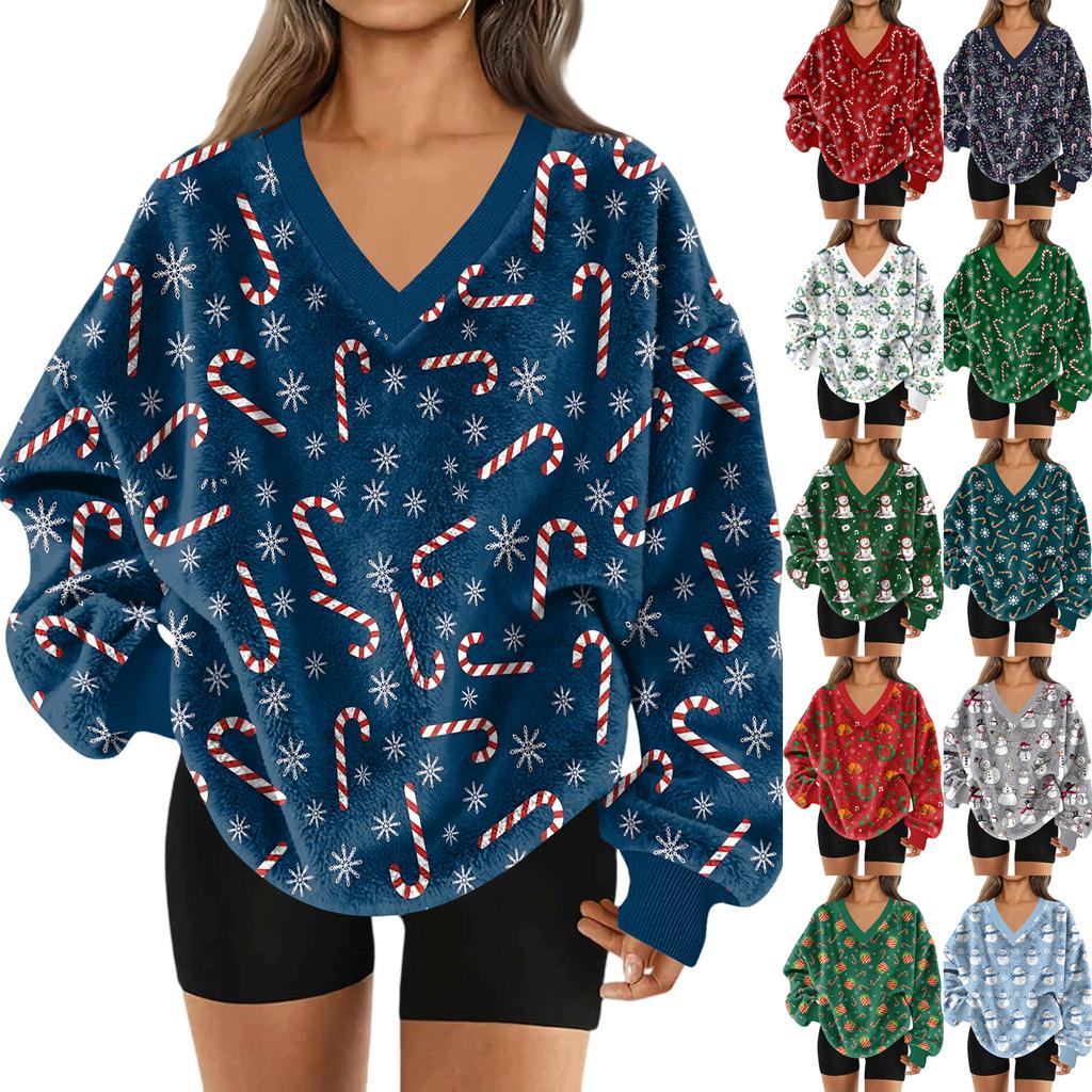Women's V-Neck Sweatshirt Plush Solid Color Casual Fashion Long Sleeve With Pocketed Pullover Top