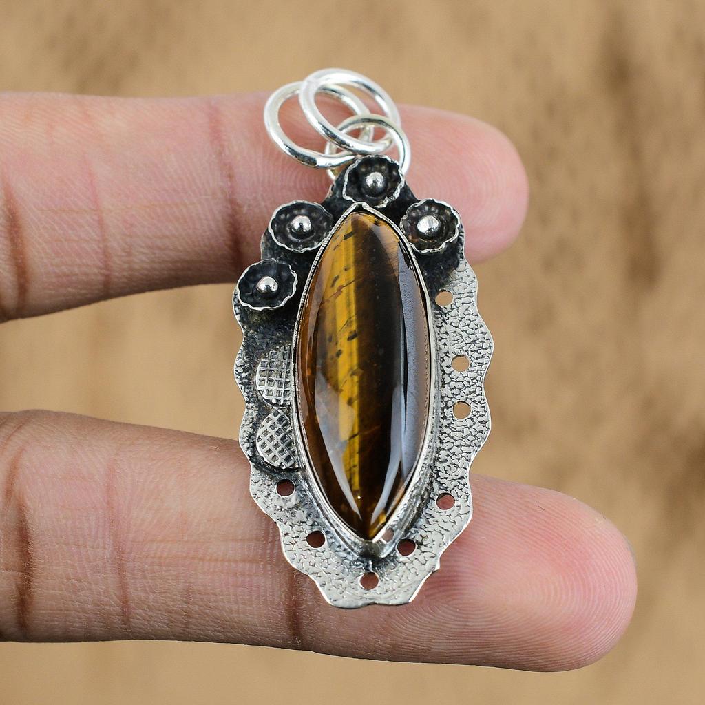 Natural Tiger'S Eye Gemstone Jewelry 925 Sterling Silver Pendant For Women