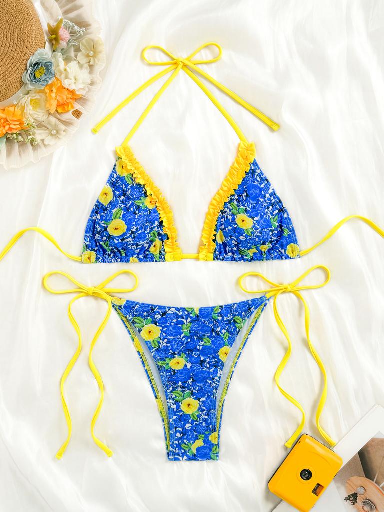 1011 European and American Split Swimsuit Female Sexy Printed Lace-up Three-point Bikini Female Halter Design