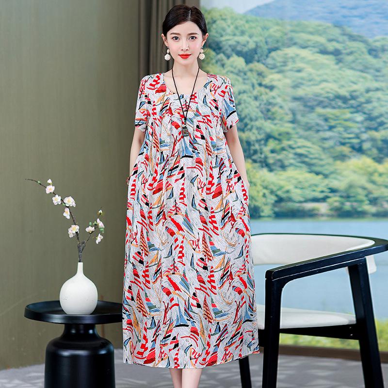 Plus Size Korean Style Summer Floral Cotton Silk Dress - Slimming Design for 240 Jin