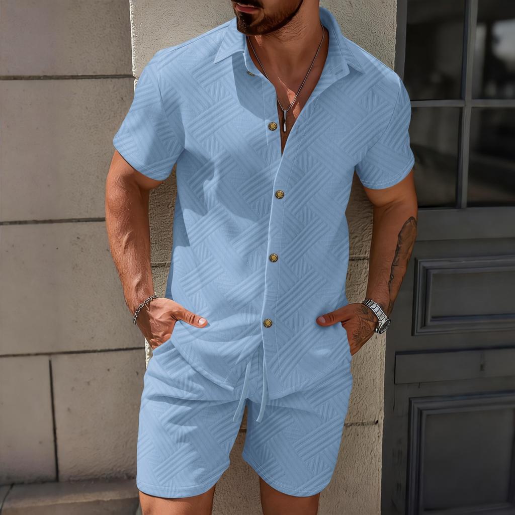 Men's Color Collared Cardigan Short-sleeve Shirt And Shorts Casual Set