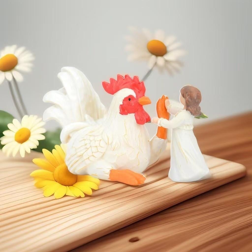 Atemberaubende Hahn Weiß und Mädchen Harzfigur für rustikalen Charme in der Heimdekoration