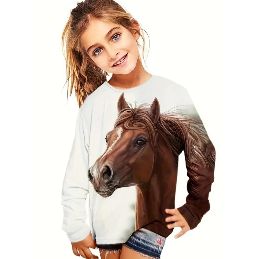 Spring and Autumn Round Neck Animal Horse Pattern 3D Printed Top Fashionable Casual Long Sleeved Children's Girl T-shirts