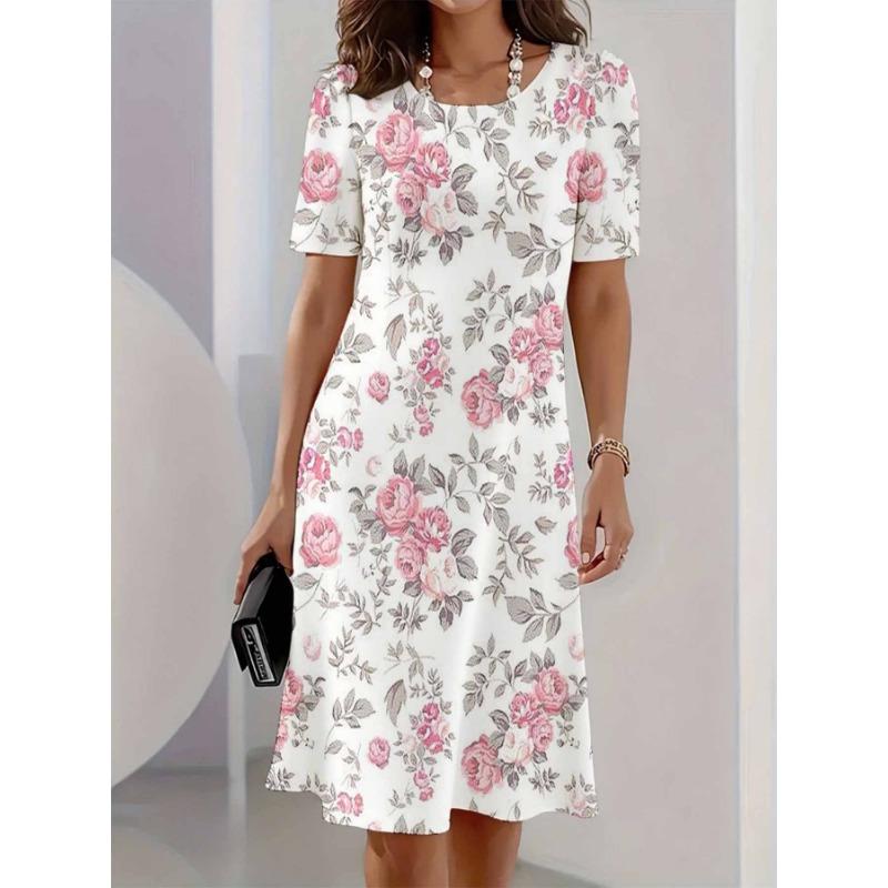 Women Plus Size Round Neck Dress White Pink Rose Floral Print Elegant Office And Casual Wear Full Print S