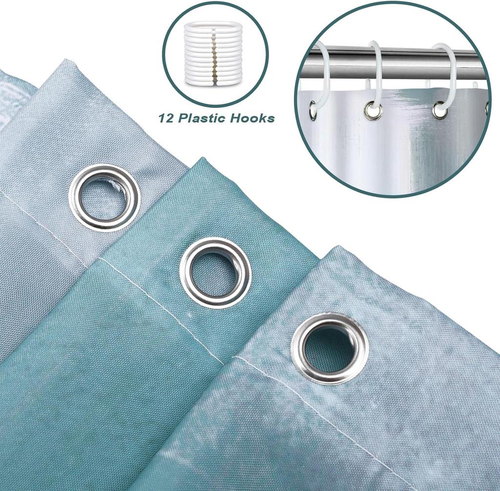 Teal Abstract Geometric Shower Curtain with Turquoise Green Pattern, Waterproof Polyester Fabric Bathroom Decor Includes Hooks