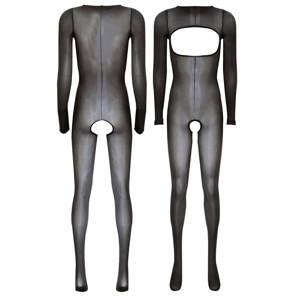 Womens Glossy See Through Long Sleeve Open Breast Crotchless Bodystocking