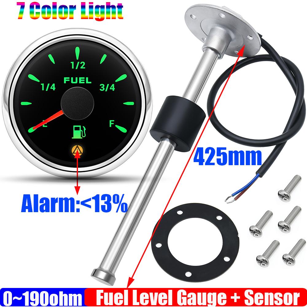 7 Color LED Auto Car 2"52mm Fuel Level Gauge with Flashing Alarm 0-190ohm Fuel Level Sensor 100-600mm  for Marine Boat