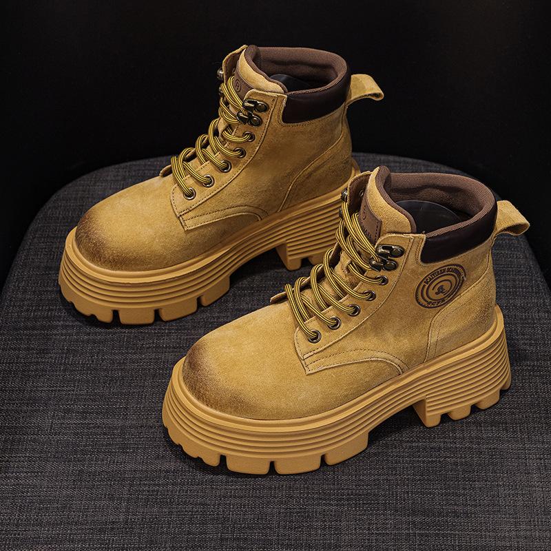Big Yellow Boots Women's Autumn New Pigskin Retro Locomotive Boots Mountaineering Tooling Short Boots Martin Boots Women's Boots