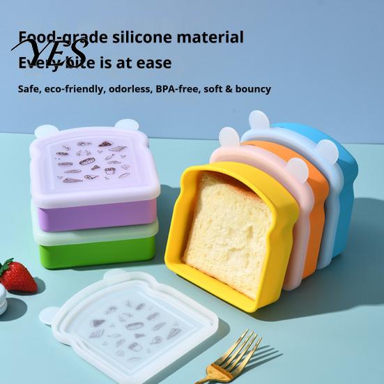 Portable Breakfast Box Silicone Sandwich Holder Lunch Box, Microwave Safe Food Container for Bread Keeper Work Toast, Leak-Proof Bento School,