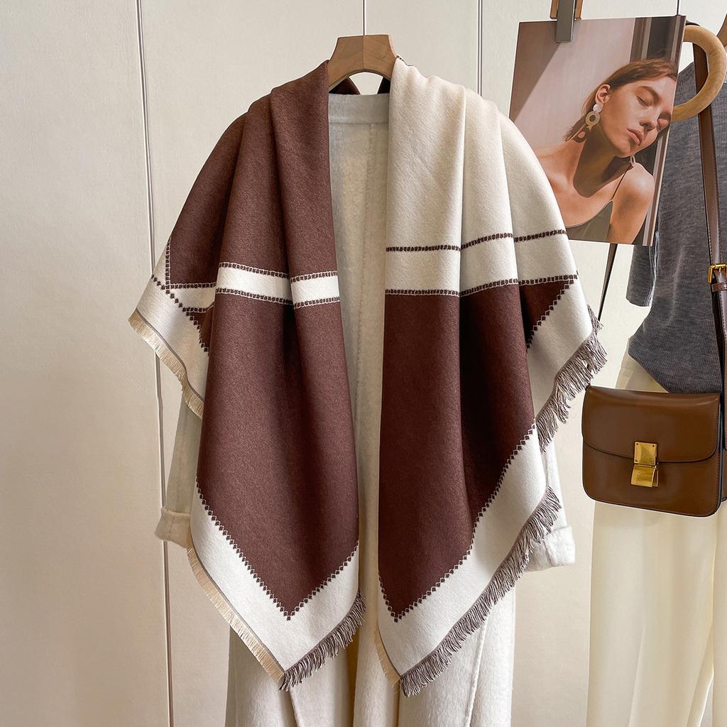 Korean Version Big V Scarf Women'S Imitation Cashmere Square Scarf Thickened Air-Conditioned Room Warm Shawl Cape