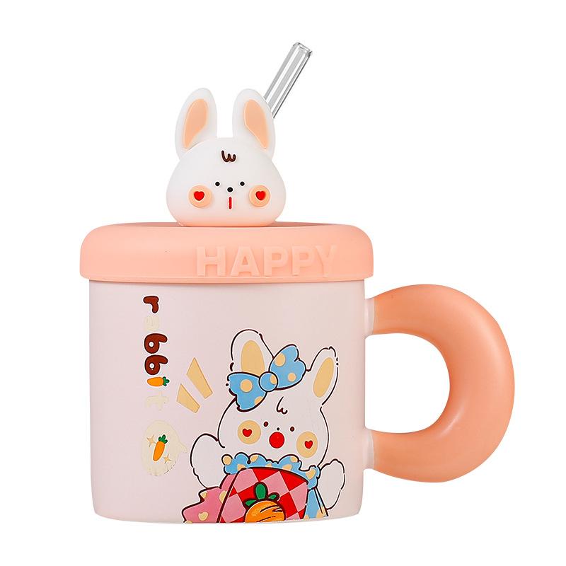 Cute Xiaomeng Rabbit Straw Cup Household Girlfriend Mug Office Girls Drinking Cup Gift Box Ceramic