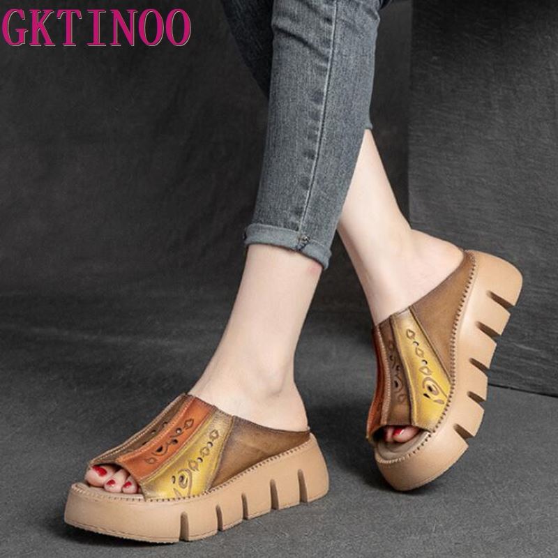 Fashion GKTINOO Genuine Leather Summer Shoes Women Slippers Wedges Outside Slides Leisure 2025 New Handmade Concise Ladies Slippers