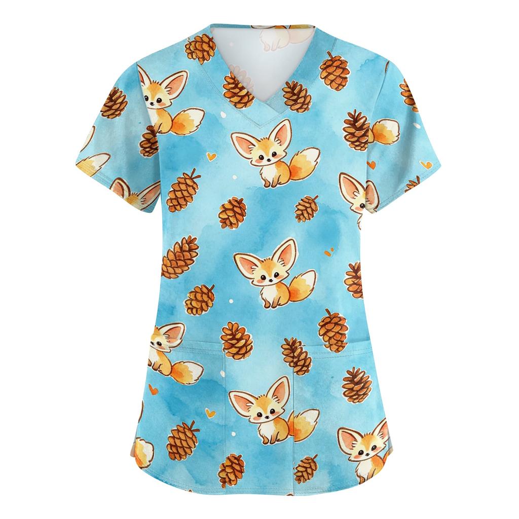 Women's V Neck Short Sleeve Work Top with Pockets Animal Print Medical Scrub Shirt for Healthcare Professionals Comfortable Fit Durable Fabric