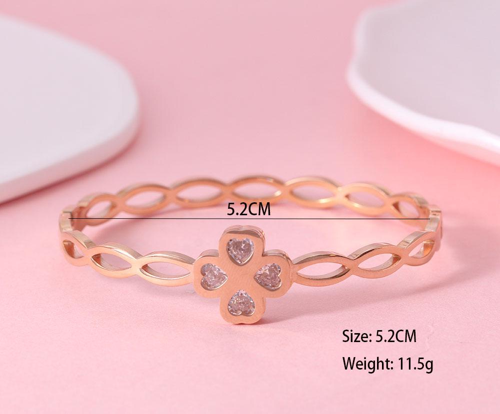 Браслет-кафф с цирконием в форме сердца и четырехлистником - Женская бижутерия из нержавеющей стали 18K розового золота
