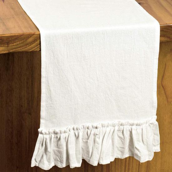 Solid Cotton Table Runner with Ruffled Edges Vintage Farmhouse Decor for Dining Coffee Table Country-Style Wrinkle Fabric Placemat Elegant Home Accent
