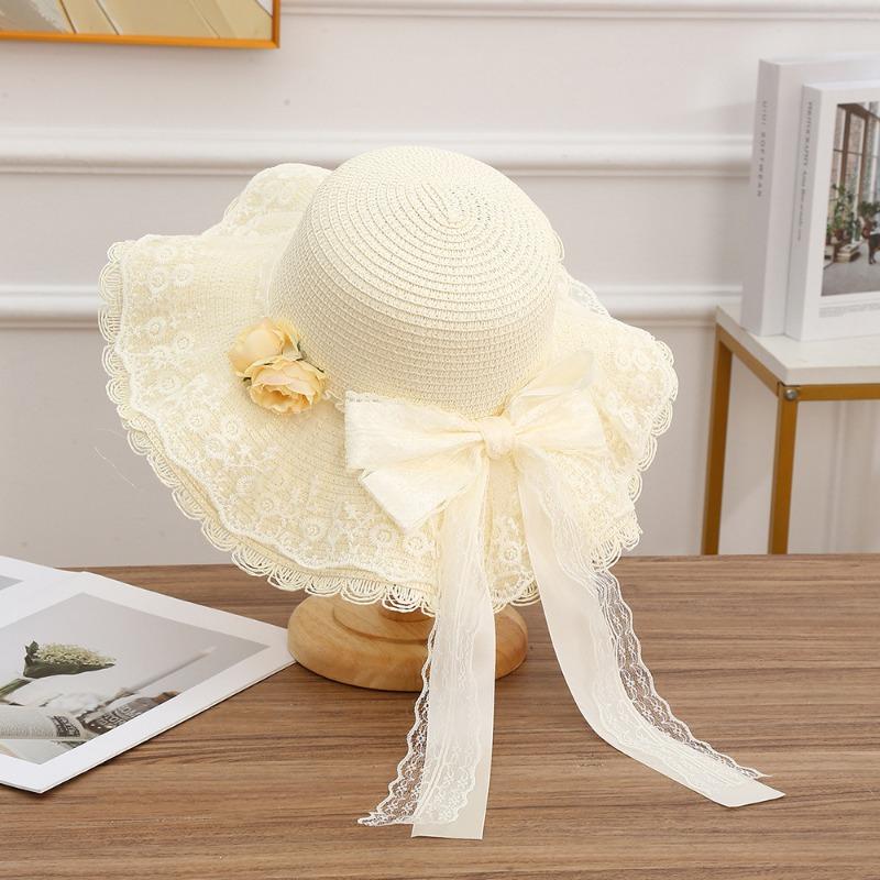 Summer Bow Sun Hat Female, Seaside Beach Vacation Sun Hat Outdoor Big Brim Sun Hat Sweet Straw Hat