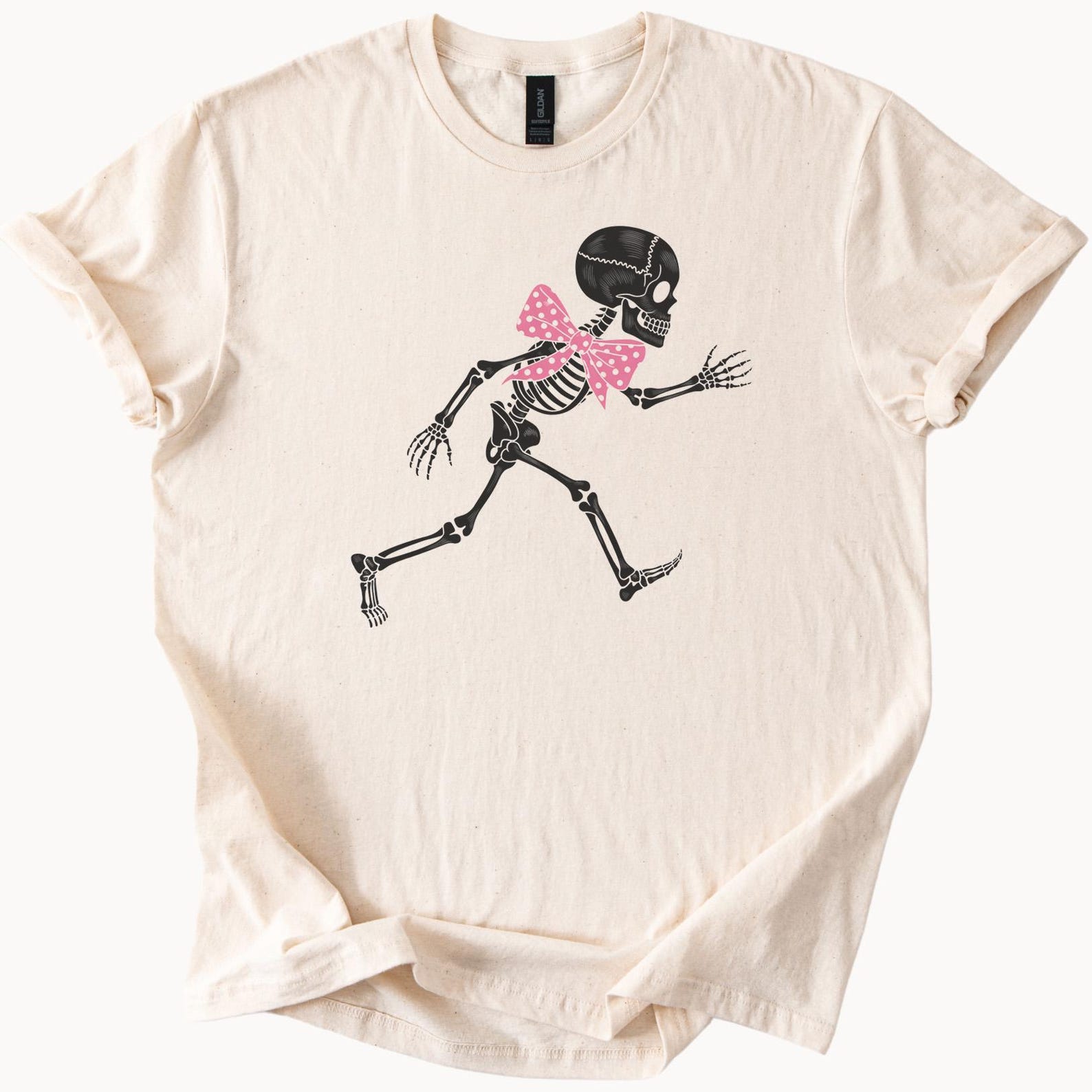 Running Skeleton Graphic T Shirt Cute Pink Polka Dot Bow Halloween Skeleton Shirt Spooky Skeleton Tee Fun Skeleton Outfit Gift Idea 110