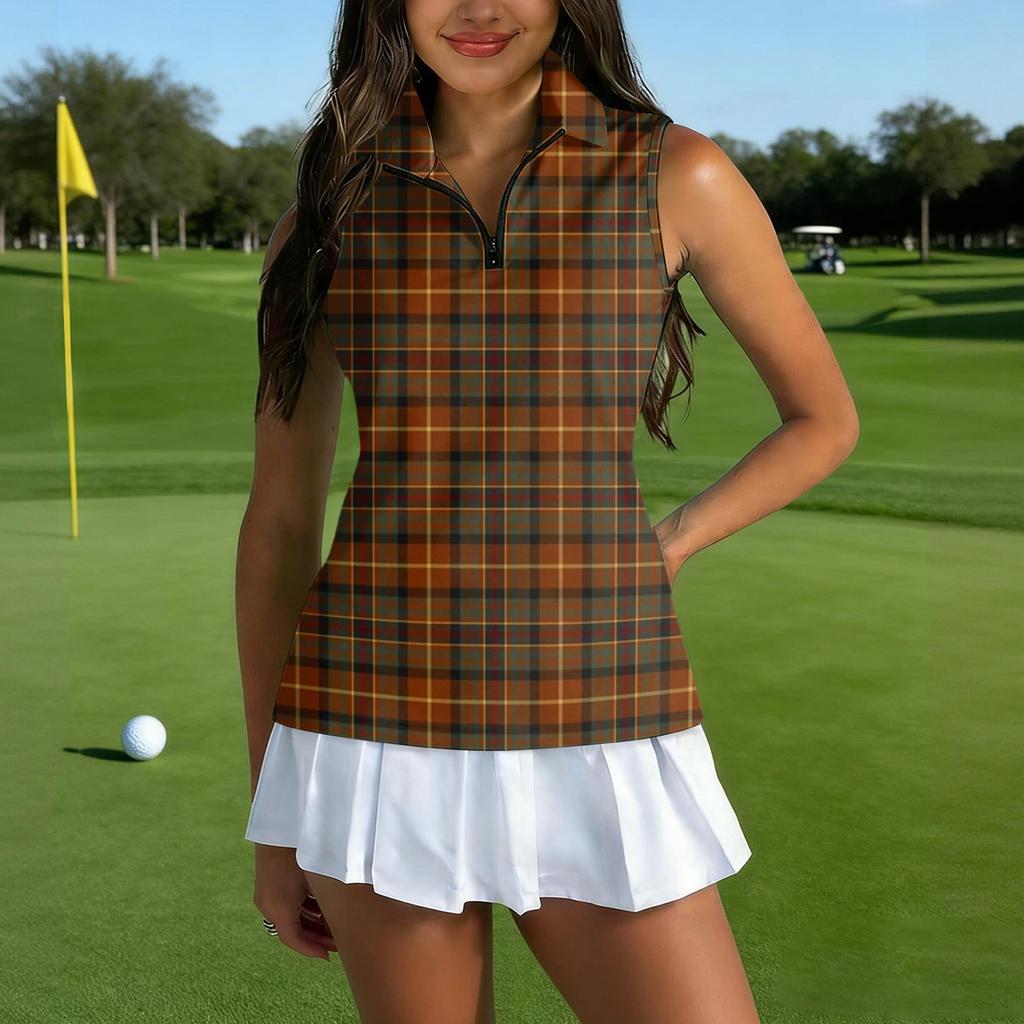 Dámské golfové polo bez rukávů se zipovým límcem, kostkovaný potisk, sportovní tílko pro sport a venkovní aktivity