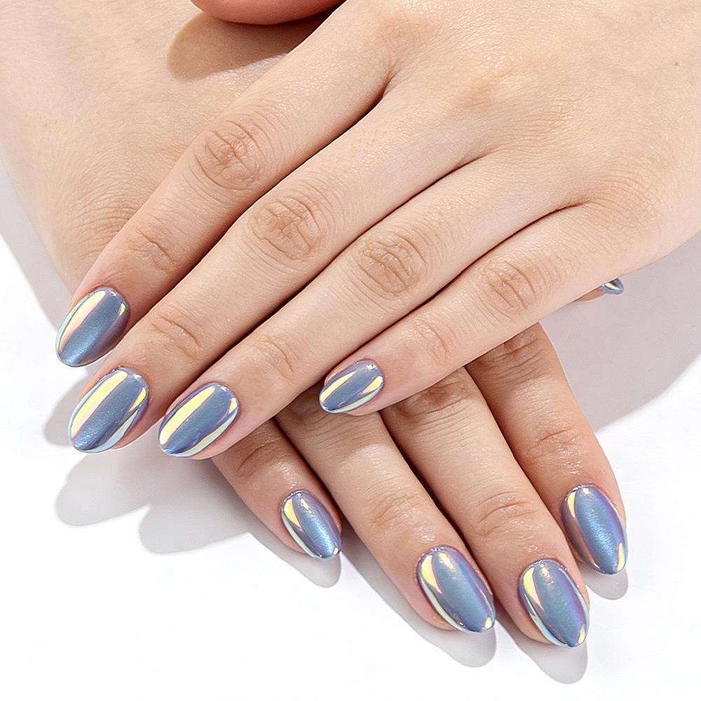 Daily Color-Changing Iridescent Cat Eye Press-On Nails - Short, Round, Gray-Blue Aurora, Solid, Simple Nail Art, 32 Detachable Pieces
