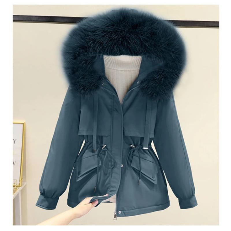 Cotton Padded Plus Size 2XL Winter Big Fur Jacket Women Loose Slim Warm Hooded Parka Coat Down Jacket
