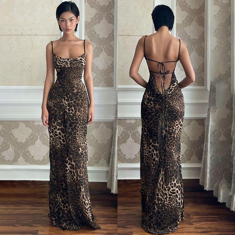Western Style Gyaru Sexy Summer New Leopard Print Print Pockets Collar Backless Lace-up Sling Dress Long Dress Women