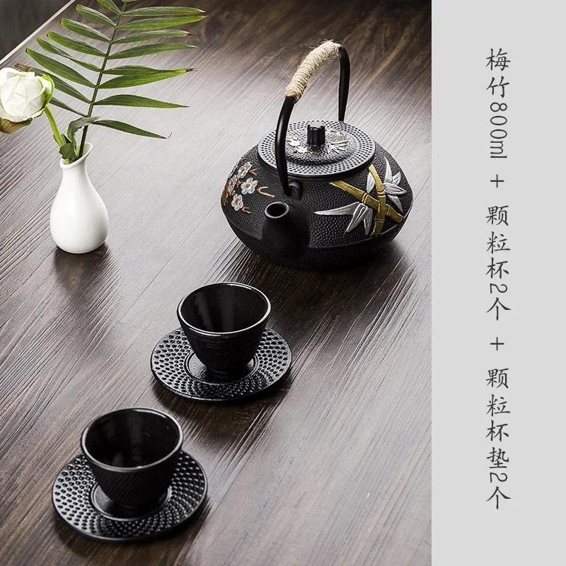 300ML 600ML 800ML Japanese Iron Tea Pot Plum and Bamboo Painted Cast Iron Kettle Boiling Water Set with Strainer Pot