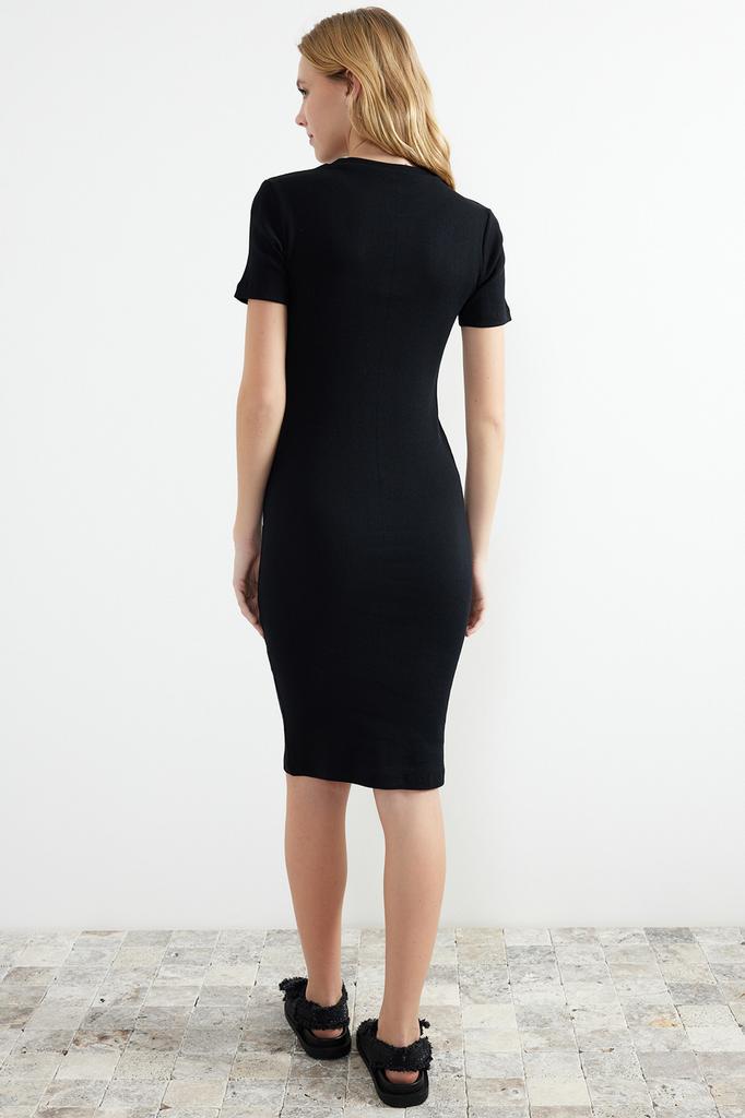 Women's Style Dress Black Crew Neck Ribbed Stretchy Knitted Midi Pencil Dress